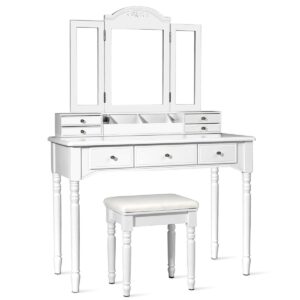 MAT EXPERT Vanity Desk Set with Mirror and 7 Drawers, Makeup Dressing Table w/Cushioned Stool, Dressing Table w/Partitioned Shelf, Modern Tri-Folding Mirror Vanities for Bedroom (White)