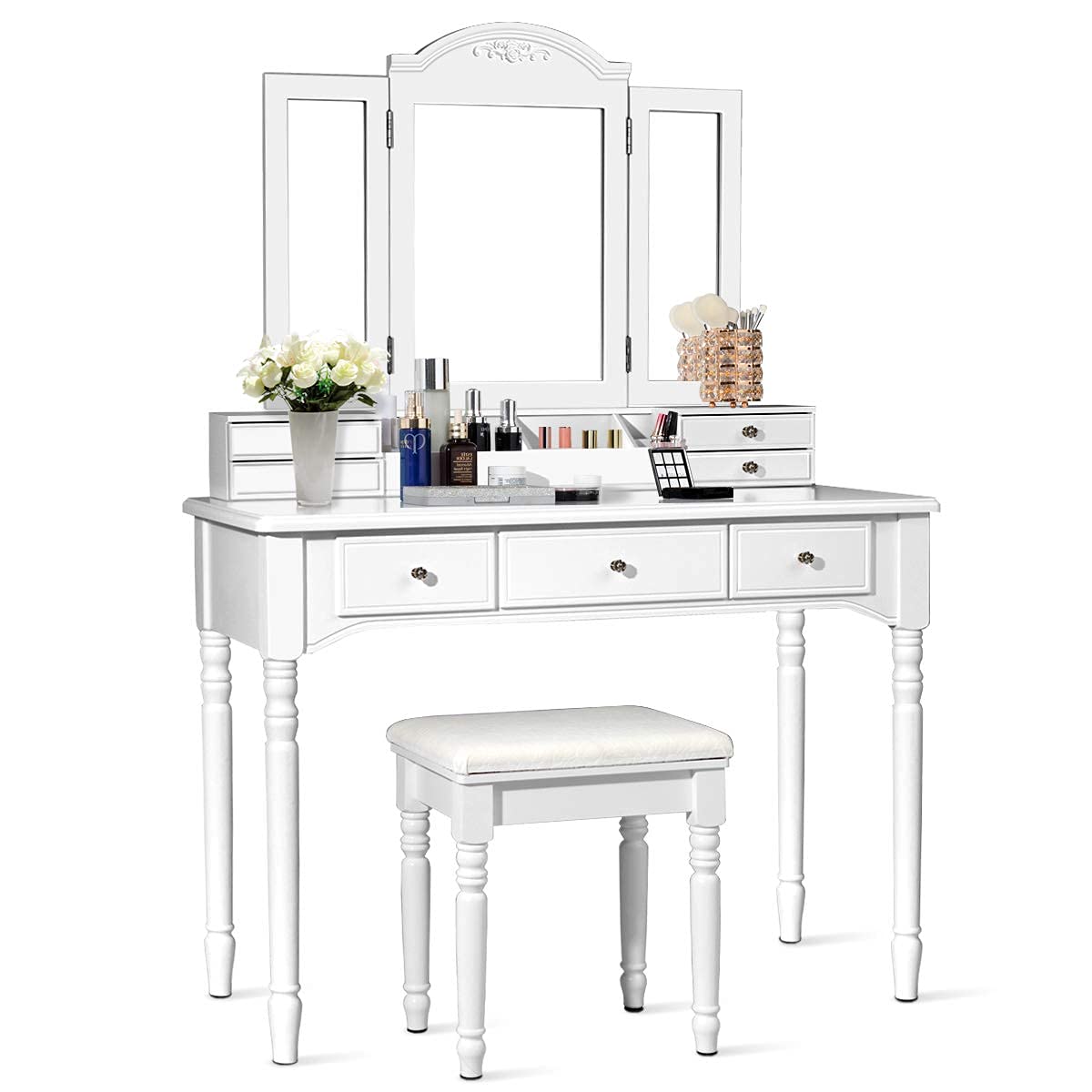 MAT EXPERT Vanity Desk Set with Mirror and 7 Drawers, Makeup Dressing Table w/Cushioned Stool, Dressing Table w/Partitioned Shelf, Modern Tri-Folding Mirror Vanities for Bedroom (White)