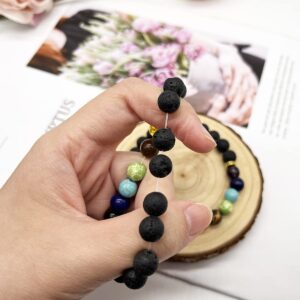 Svovin 14 Pcs Lava Rock 7 Chakra Energy Oil Diffuser Bracelet Set for Women Men Unisex Elastic 8mm Stone Yoga Beaded Bracelets Jewelry With Lucky Healing