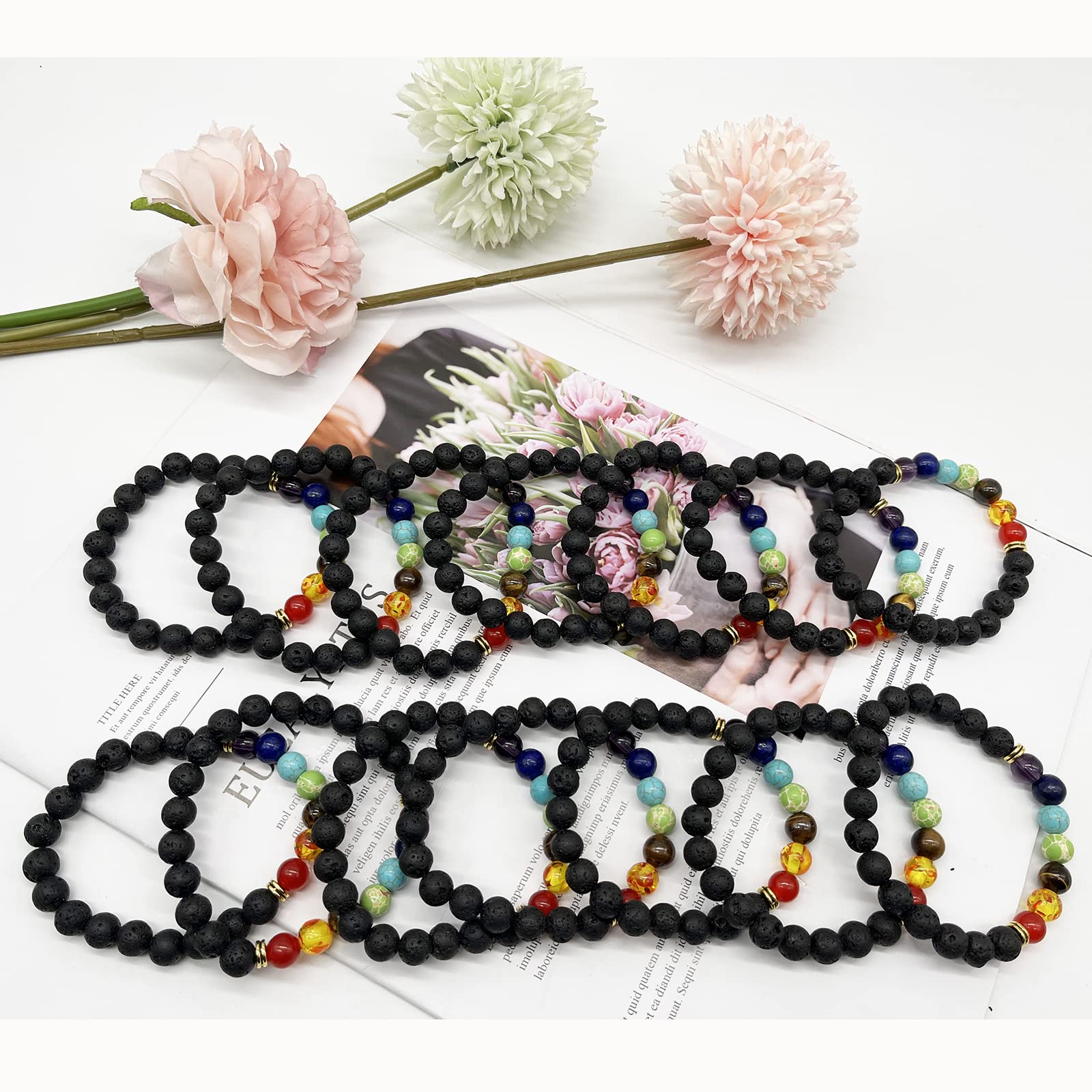 Svovin 14 Pcs Lava Rock 7 Chakra Energy Oil Diffuser Bracelet Set for Women Men Unisex Elastic 8mm Stone Yoga Beaded Bracelets Jewelry With Lucky Healing