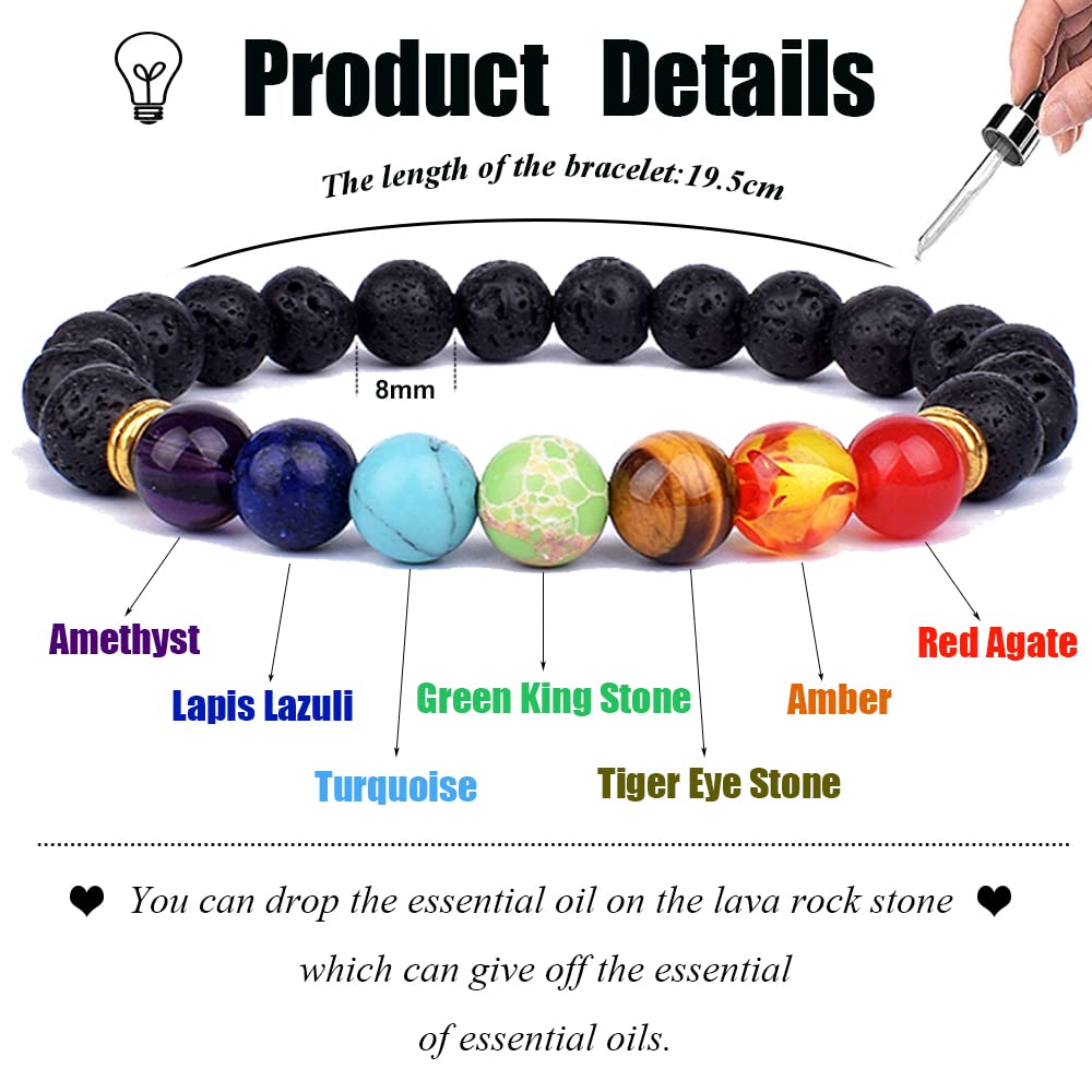 Svovin 14 Pcs Lava Rock 7 Chakra Energy Oil Diffuser Bracelet Set for Women Men Unisex Elastic 8mm Stone Yoga Beaded Bracelets Jewelry With Lucky Healing