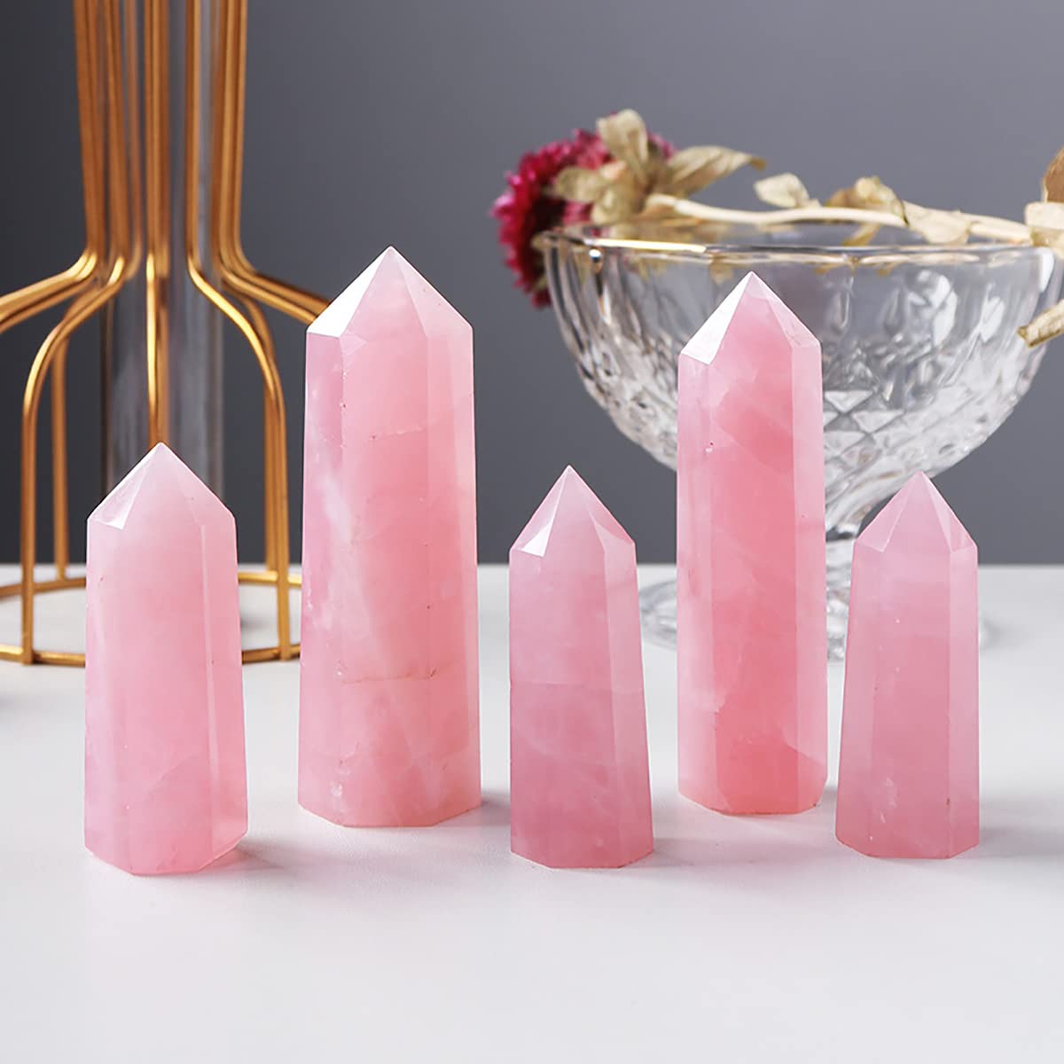 AMOYSTONE Rose Quartz Obelisk Tower Large Healing Crystal Wand Point 6 Faceted Reiki Chakra Meditation Therapy Pink 1.1-1.7 LBS