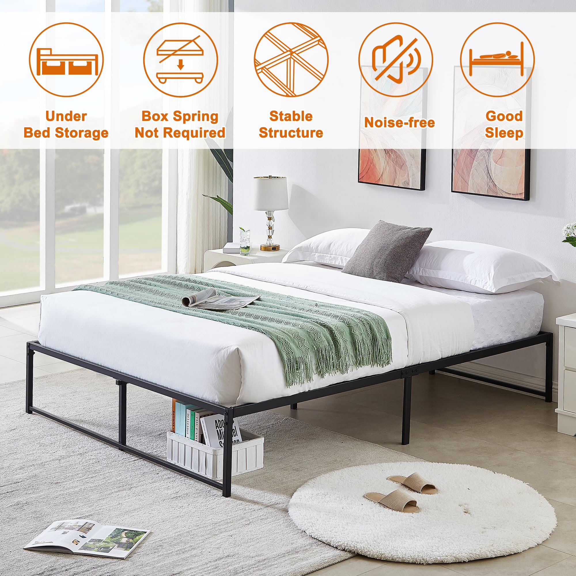 VECELO 14" Metal Platform Bed Frame/Mattress Foundation/No Box Spring Needed (Queen Size)