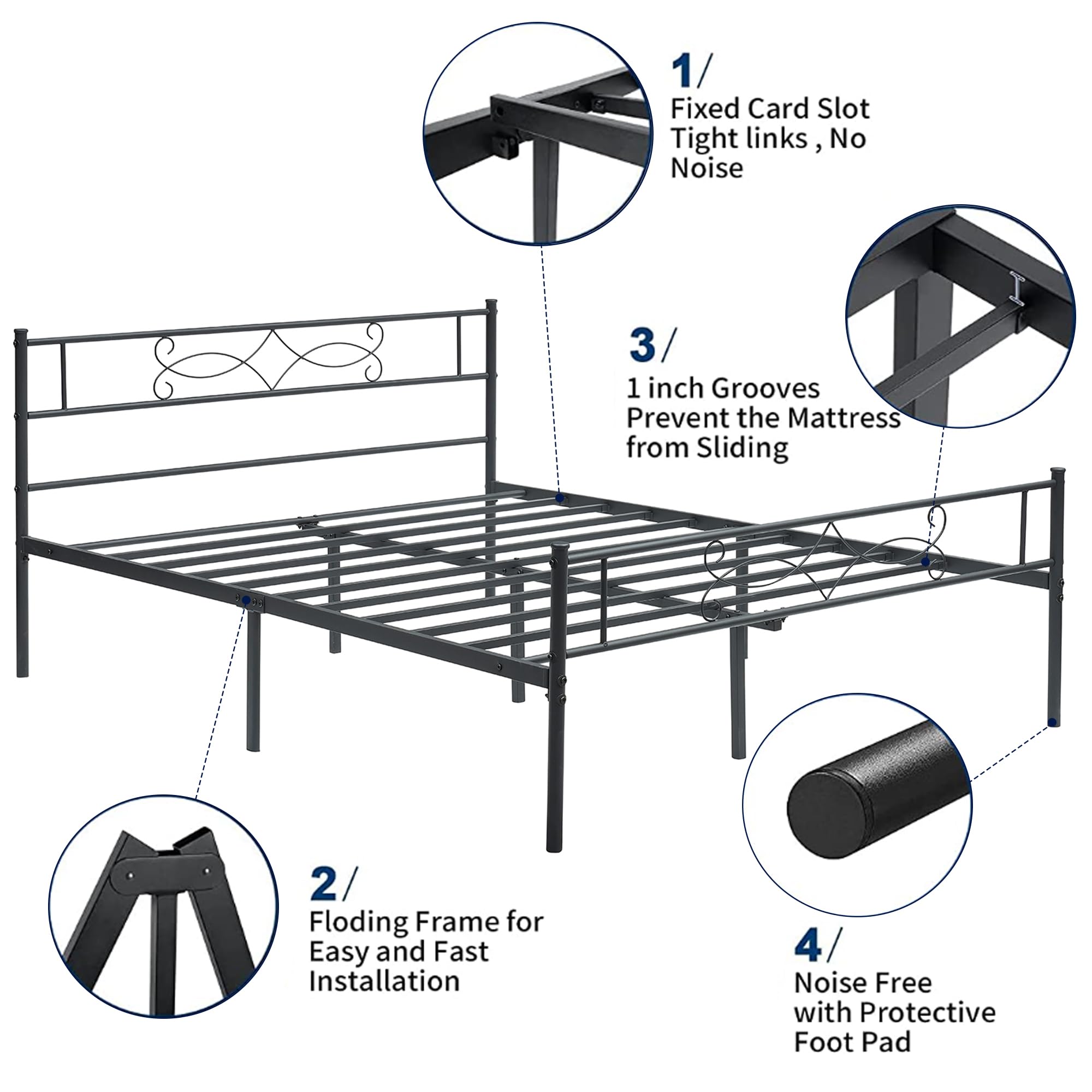 VECELO 14" Metal Platform Bed Frame with Headboard,Premium Steel Slat Support No Box Spring Needed,Noise-Free Anti-Slip,Easy Assembly(Queen size)