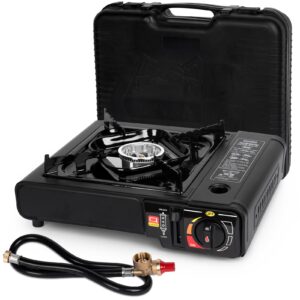 shinestar dual fuel stove with butane & propane compatibility, portable camping stove for outdoor cooking, propane adapter hose and carrying case included, 7800 btus output