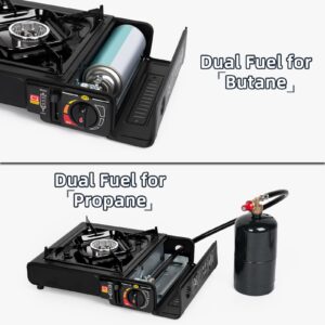 SHINESTAR Dual Fuel Stove with Butane & Propane Compatibility, Portable Camping Stove for Outdoor Cooking, Propane Adapter Hose and Carrying Case Included, 7800 BTUs Output