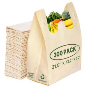 simply cool 300 pack reusable eco-friendly grocery t-shirt shopping bags 21”x12”x7” durable, environmentally friendly recyclable shopping bags washable, foldable, portable tote bags bulk