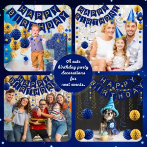 Navy Blue Birthday Decorations with Happy Birthday Banner, Paper Honeycomb Balls, Circle Garland and Hanging Swirl Decorations, Navy Blue Birthday Party Decorations, Birthday Decorations for Men