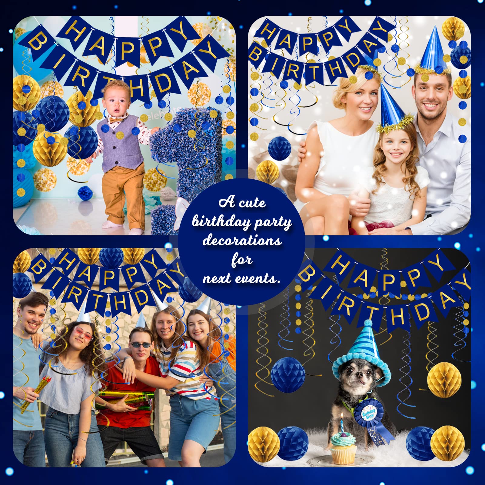 Navy Blue Birthday Decorations with Happy Birthday Banner, Paper Honeycomb Balls, Circle Garland and Hanging Swirl Decorations, Navy Blue Birthday Party Decorations, Birthday Decorations for Men