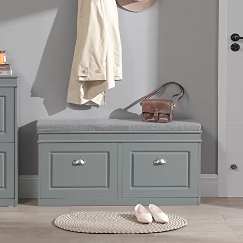 Haotian FSR64-HG, Grey Storage Bench with 2 Flip Drawers & Padded Seat Cushion, Hallway Bench Shoe Cabinet Shoe Bench, Hidden Shoe Rack Bench for Hallway, Bedroom