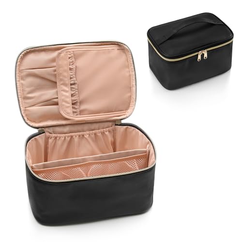 OCHEAL Makeup Bag, Portable Cosmetic Bag, Large Capacity Travel Makeup Case Organizer, Black For Women Toiletry Bag for Girls Traveling With Handle and Divider