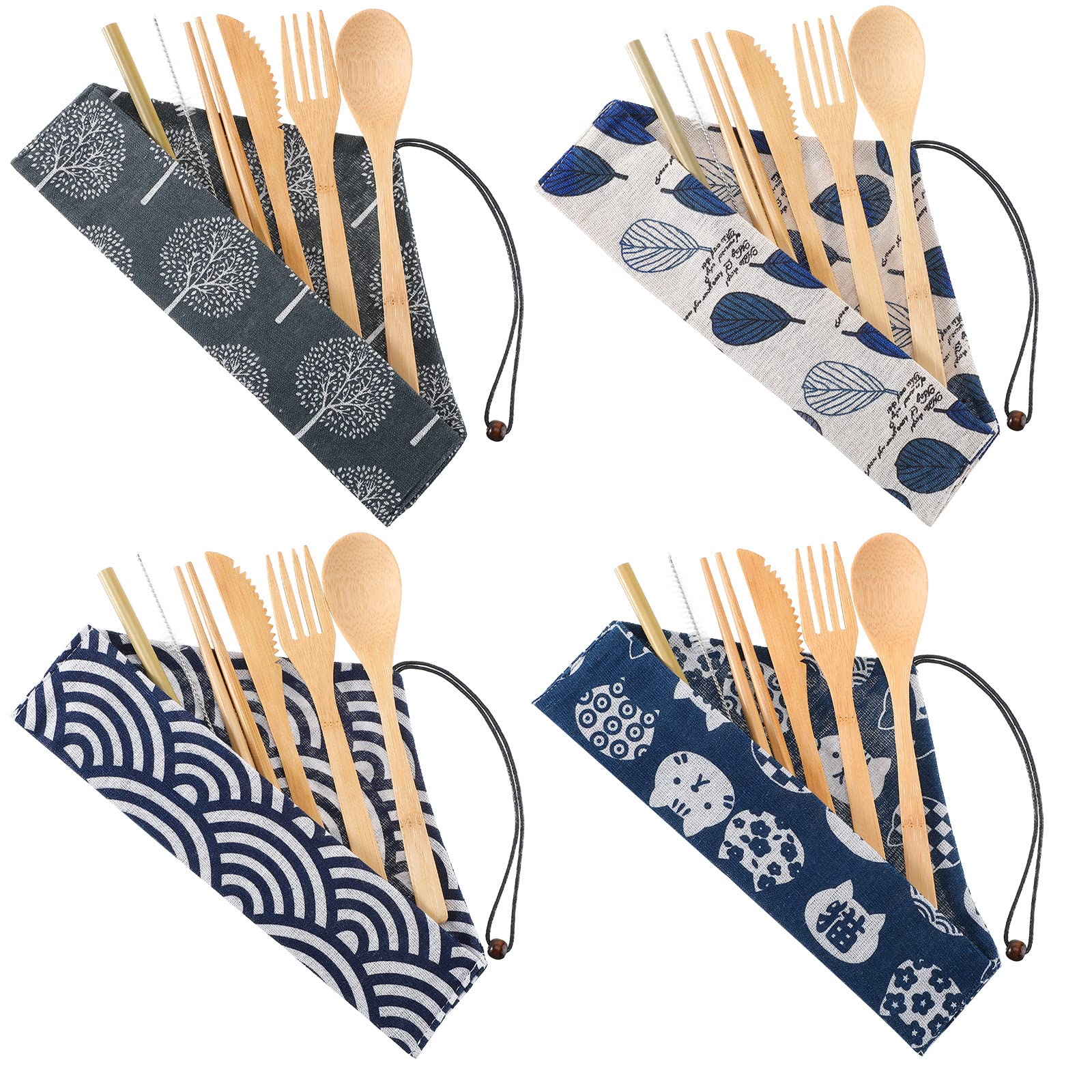 Boao 4 Sets Bamboo Utensils Wooden Utensils Set Reusable Cutlery Travel Chopsticks Fork Spoon Straw Portable Utensil Case for Travel Hiking Picnic Camping Cooking Office School Kitchen (Vintage Style)