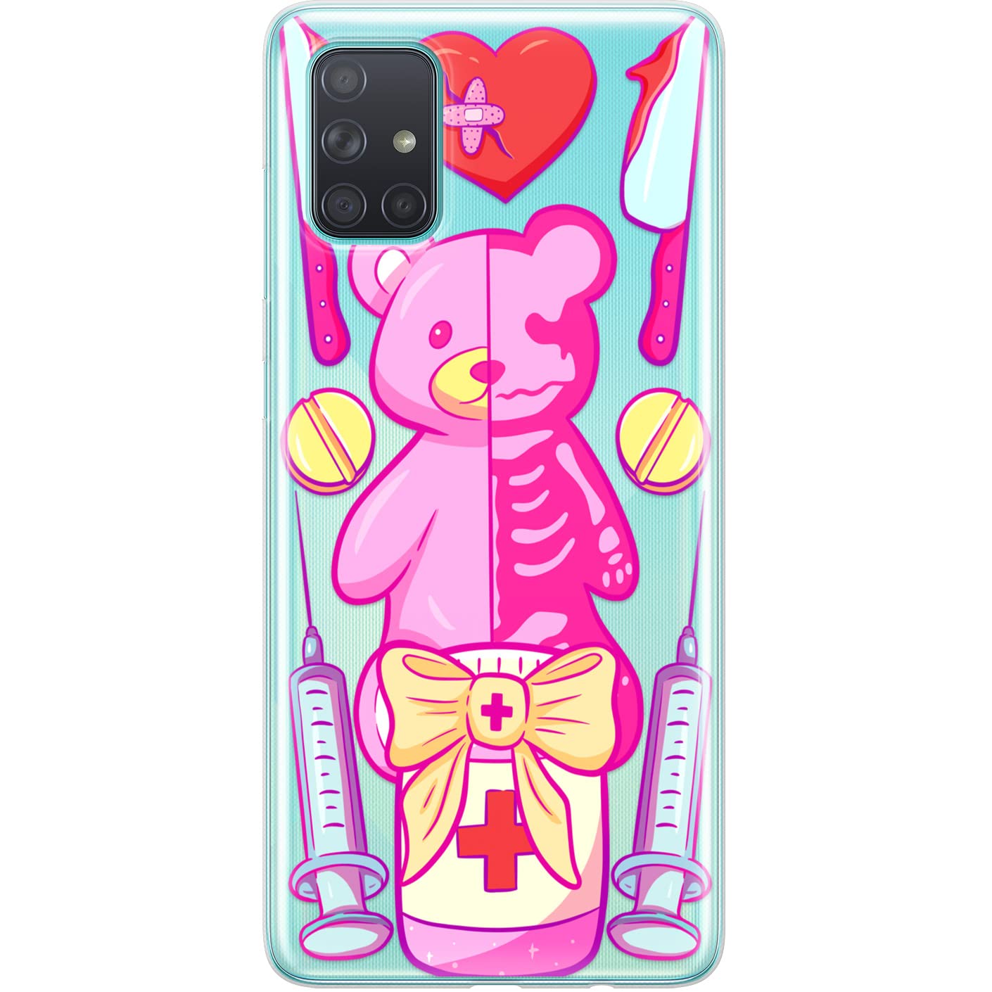 TPU Phone Case Compatible with Samsung A72 A71 5G A70 A51 A50 A32 A21 A11 A12 A13 A14 A01 Japanese Medicine Yami Kawaii Shockproof Teddy Bear Cover Protective Silicone Creepy Cute Anime Clear