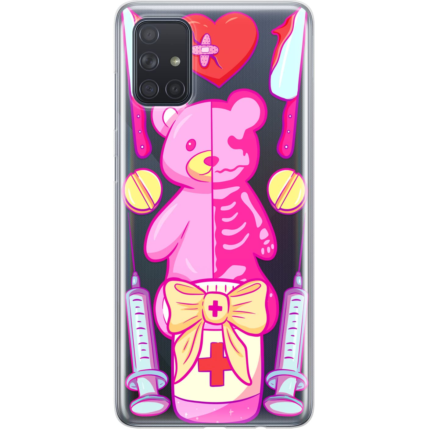 TPU Phone Case Compatible with Samsung A72 A71 5G A70 A51 A50 A32 A21 A11 A12 A13 A14 A01 Japanese Medicine Yami Kawaii Shockproof Teddy Bear Cover Protective Silicone Creepy Cute Anime Clear