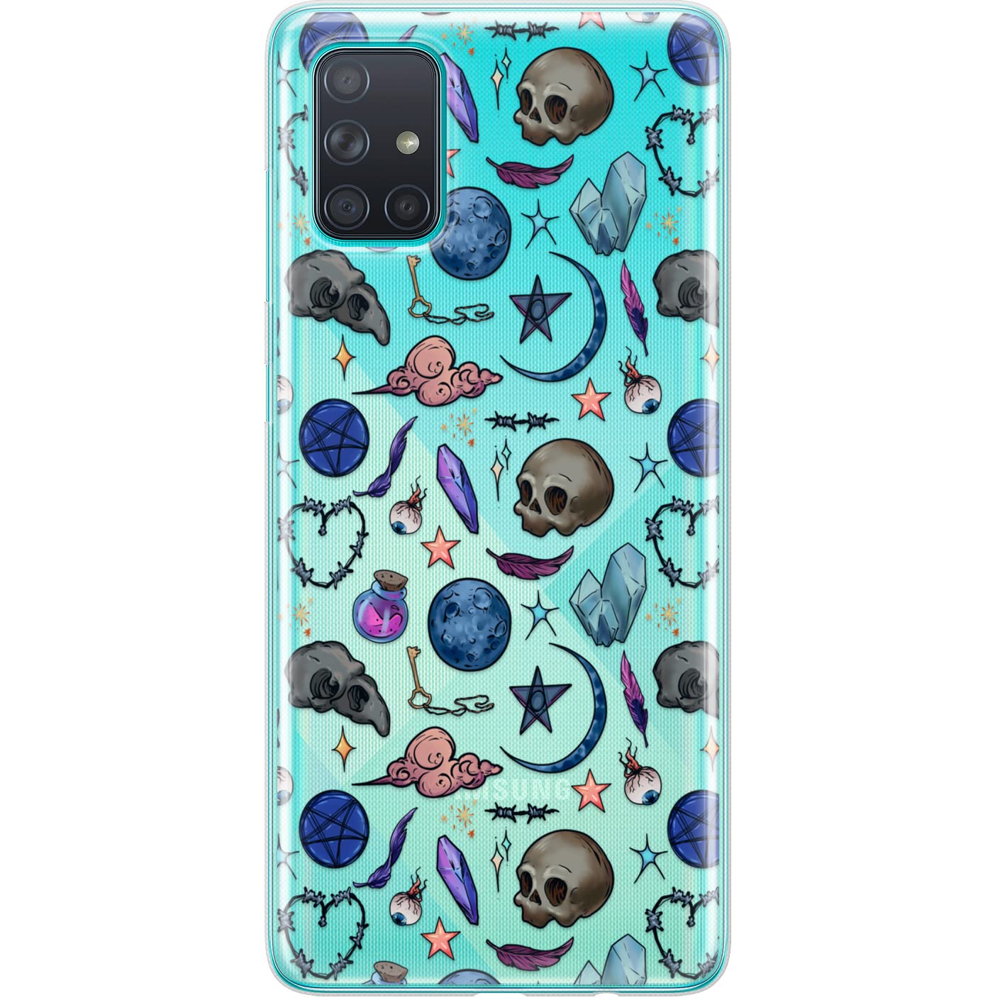 TPU Phone Case Compatible with Samsung A72 A71 5G A70 A51 A50 A32 A21 A11 A12 A13 A14 A01 Goth Barbed Wire Creepy Full Moon Silicone Shockproof Protective Print Clear Soft Occult Durable Skull