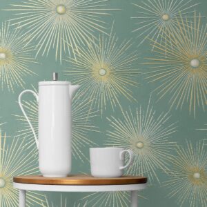 NextWall Starburst Geo Mid Century Peel and Stick Wallpaper (Teal & Metallic Gold)