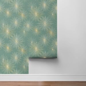 NextWall Starburst Geo Mid Century Peel and Stick Wallpaper (Teal & Metallic Gold)