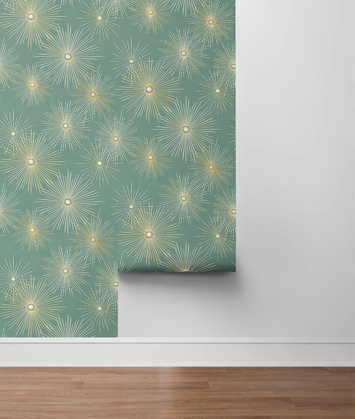 NextWall Starburst Geo Mid Century Peel and Stick Wallpaper (Teal & Metallic Gold)