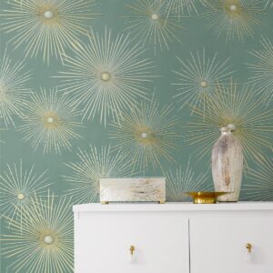 NextWall Starburst Geo Mid Century Peel and Stick Wallpaper (Teal & Metallic Gold)