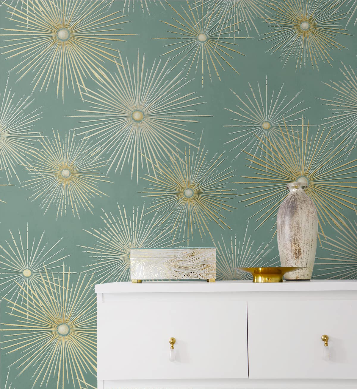 NextWall Starburst Geo Mid Century Peel and Stick Wallpaper (Teal & Metallic Gold)