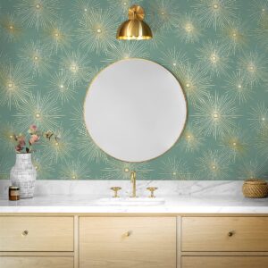 NextWall Starburst Geo Mid Century Peel and Stick Wallpaper (Teal & Metallic Gold)