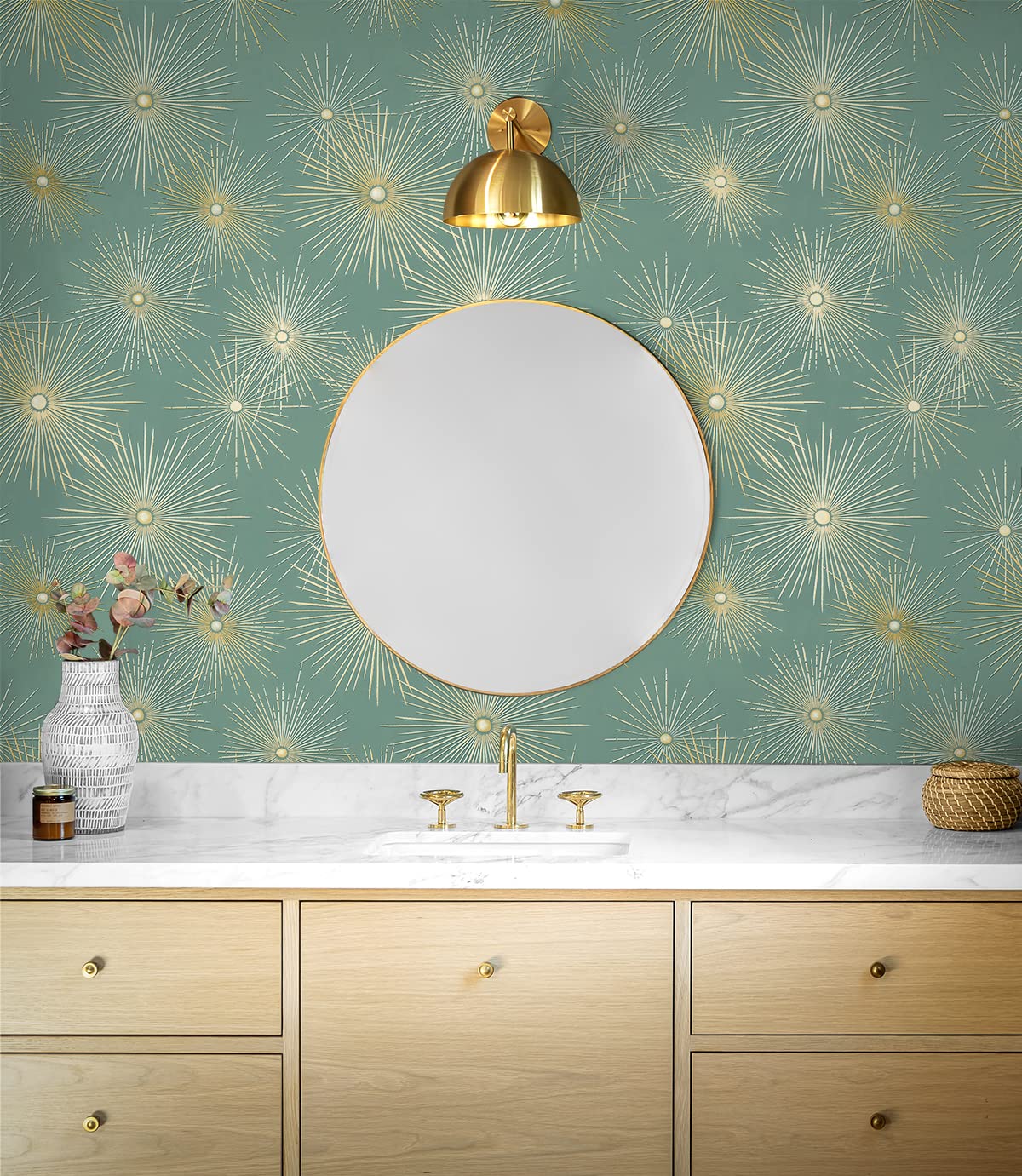 NextWall Starburst Geo Mid Century Peel and Stick Wallpaper (Teal & Metallic Gold)