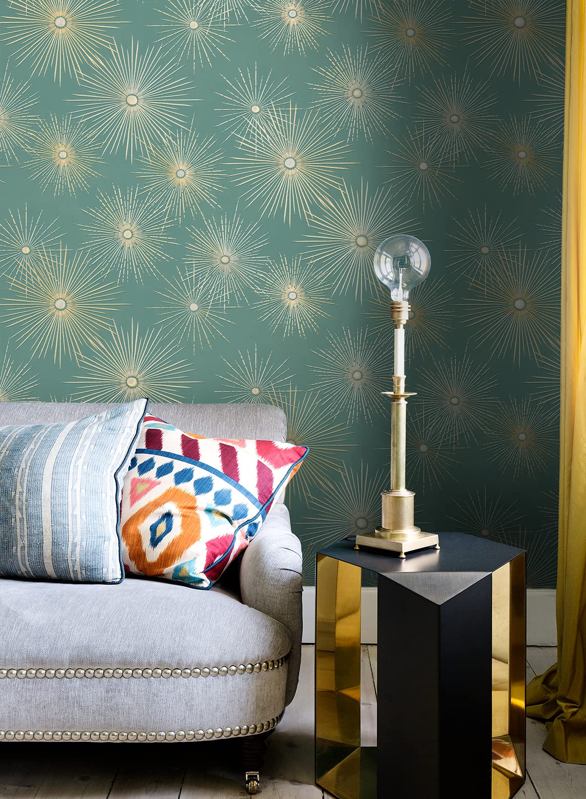 NextWall Starburst Geo Mid Century Peel and Stick Wallpaper (Teal & Metallic Gold)