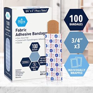 MED PRIDE Sterile Fabric Adhesive Bandages [100 Count]- First Aid Bandages Coated with Hypoallergenic Adhesive & Non-Stick Pad- Latex-Rubber Free Wound Care Bandages- Individual Wrapped- 3/4'' x 3''