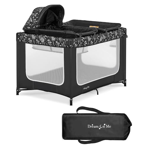 Dream On Me Emily Rose Deluxe Playard in Black and White with Infant Bassinet and Changing Tray, Lightweight Portable and Convertible Playard for Baby, Breathable Mesh Sides and Soft Fabric