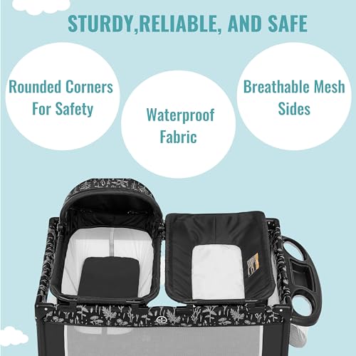 Dream On Me Emily Rose Deluxe Playard in Black and White with Infant Bassinet and Changing Tray, Lightweight Portable and Convertible Playard for Baby, Breathable Mesh Sides and Soft Fabric