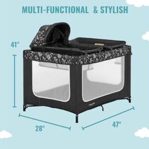 Dream On Me Emily Rose Deluxe Playard in Black and White with Infant Bassinet and Changing Tray, Lightweight Portable and Convertible Playard for Baby, Breathable Mesh Sides and Soft Fabric