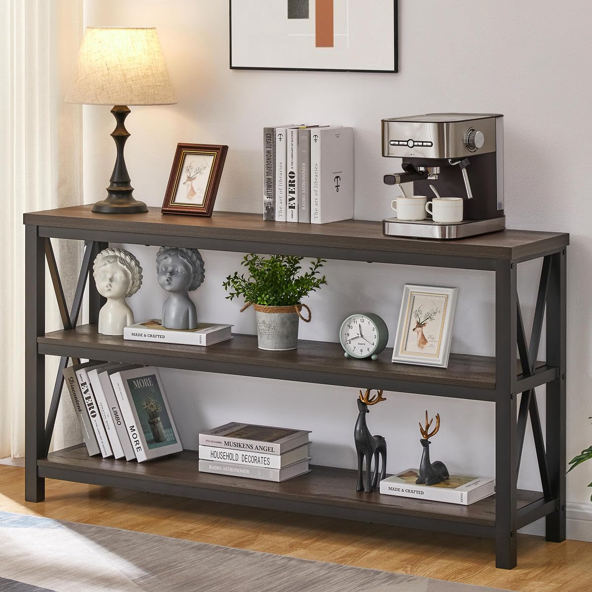 FATORRI Industrial Console Table for Entryway, Farmhouse Sofa Tables Behind Couch, Rustic Wood and Metal Foyer Table with 3-Tier Shelves for Hallway Living Room (55 Inch, Walnut Brown)