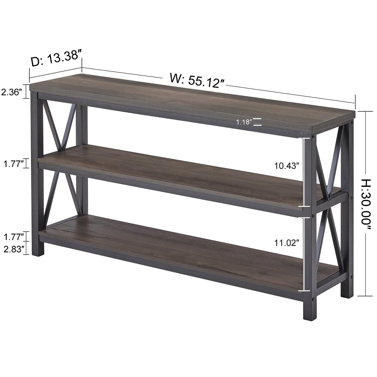 FATORRI Industrial Console Table for Entryway, Farmhouse Sofa Tables Behind Couch, Rustic Wood and Metal Foyer Table with 3-Tier Shelves for Hallway Living Room (55 Inch, Walnut Brown)