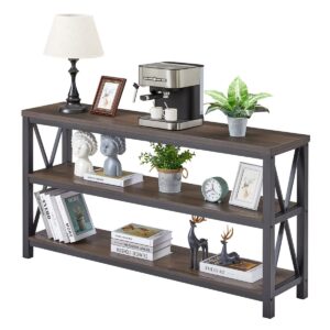 FATORRI Industrial Console Table for Entryway, Farmhouse Sofa Tables Behind Couch, Rustic Wood and Metal Foyer Table with 3-Tier Shelves for Hallway Living Room (55 Inch, Walnut Brown)