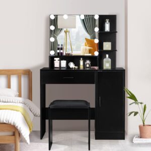 vingli vanity table set with lighted mirror&stool,black makeup vanity set with 10 led lights in 3 colors,1 drawer,3 storage shelves and 1 cabinet for women&girls,dressing table set for bedroom,black