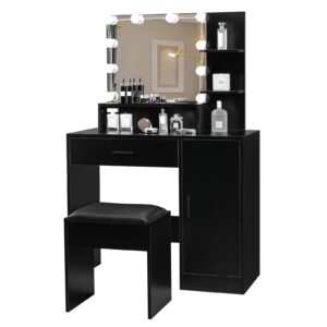 VINGLI Vanity Table Set with Lighted Mirror&Stool,Black Makeup Vanity Set with 10 LED Lights in 3 Colors,1 Drawer,3 Storage Shelves and 1 Cabinet for Women&Girls,Dressing Table Set for Bedroom,Black