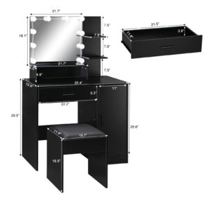 VINGLI Vanity Table Set with Lighted Mirror&Stool,Black Makeup Vanity Set with 10 LED Lights in 3 Colors,1 Drawer,3 Storage Shelves and 1 Cabinet for Women&Girls,Dressing Table Set for Bedroom,Black