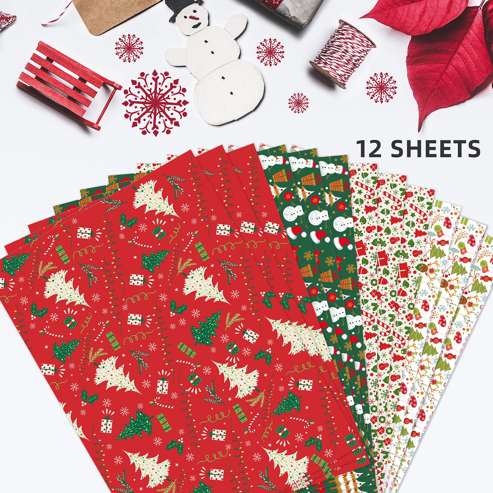 PlandRichW Christmas Wrapping Paper Folded for Kids Boys Girls Man Women Gift's. Papercraft Snowmen, Candy Canes, Tree, Socks, Snowflakes, Happy New Year Bulk of 12 Sheets 20"x 29" Folded