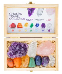 crystalya travel chakra crystals and healing stones in wooden gift box + 50pg ebook – 7 chakra tumbled gemstones, amethyst crystal, rose quartz, quartz crystal point, stone guide, made in u.s.a.