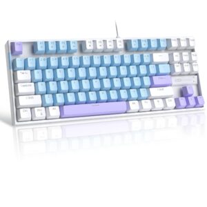 magegee 75% mechanical gaming keyboard with blue switch, led blue backlit keyboard, 87 keys compact tkl wired computer keyboard for windows laptop pc gamer - blue/white