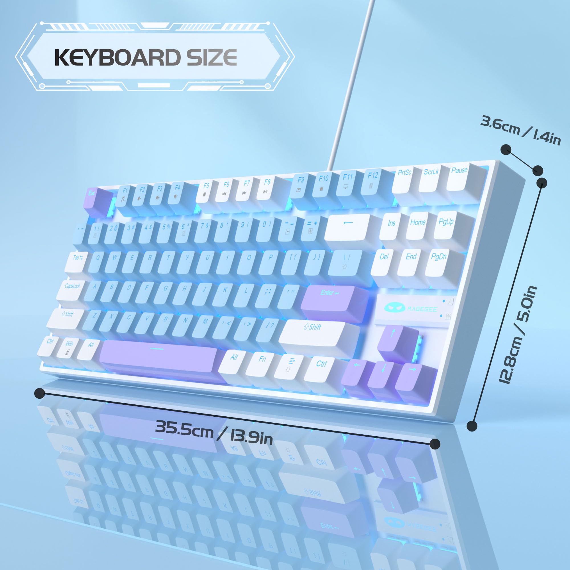 MageGee 75% Mechanical Gaming Keyboard with Blue Switch, LED Blue Backlit Keyboard, 87 Keys Compact TKL Wired Computer Keyboard for Windows Laptop PC Gamer - Blue/White