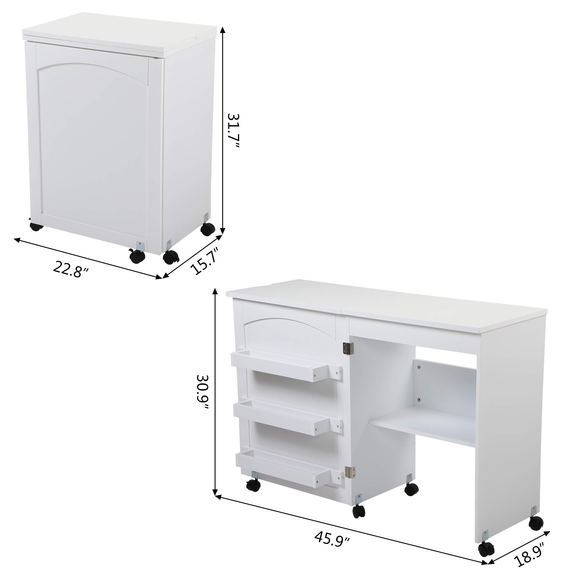 Sardoxx Foldable Sewing Table Versatile Sewing Machine Craft Table with Storage Cabinet Shelves, Lockable Wheels, Adjustable Portable Rolling Sewing Desk for Apartment Small Spaces, White