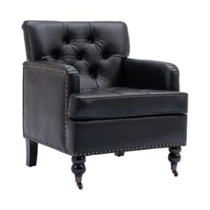 nrizc black leather club chair, mid century modern accent arm chairs with studded, living room chairs with solid wood frame, for living room, bedroom, reading, or office