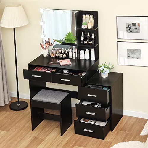 usikey 43.5in Large Vanity Desk with Mirror and 10 LED Lights, Makeup Vanity Table with Lights and 5 Drawers, Black Vanity Table Vanity Set with Storage Shelves and Stool for Women Girls, Black