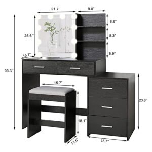 usikey 43.5in Large Vanity Desk with Mirror and 10 LED Lights, Makeup Vanity Table with Lights and 5 Drawers, Black Vanity Table Vanity Set with Storage Shelves and Stool for Women Girls, Black