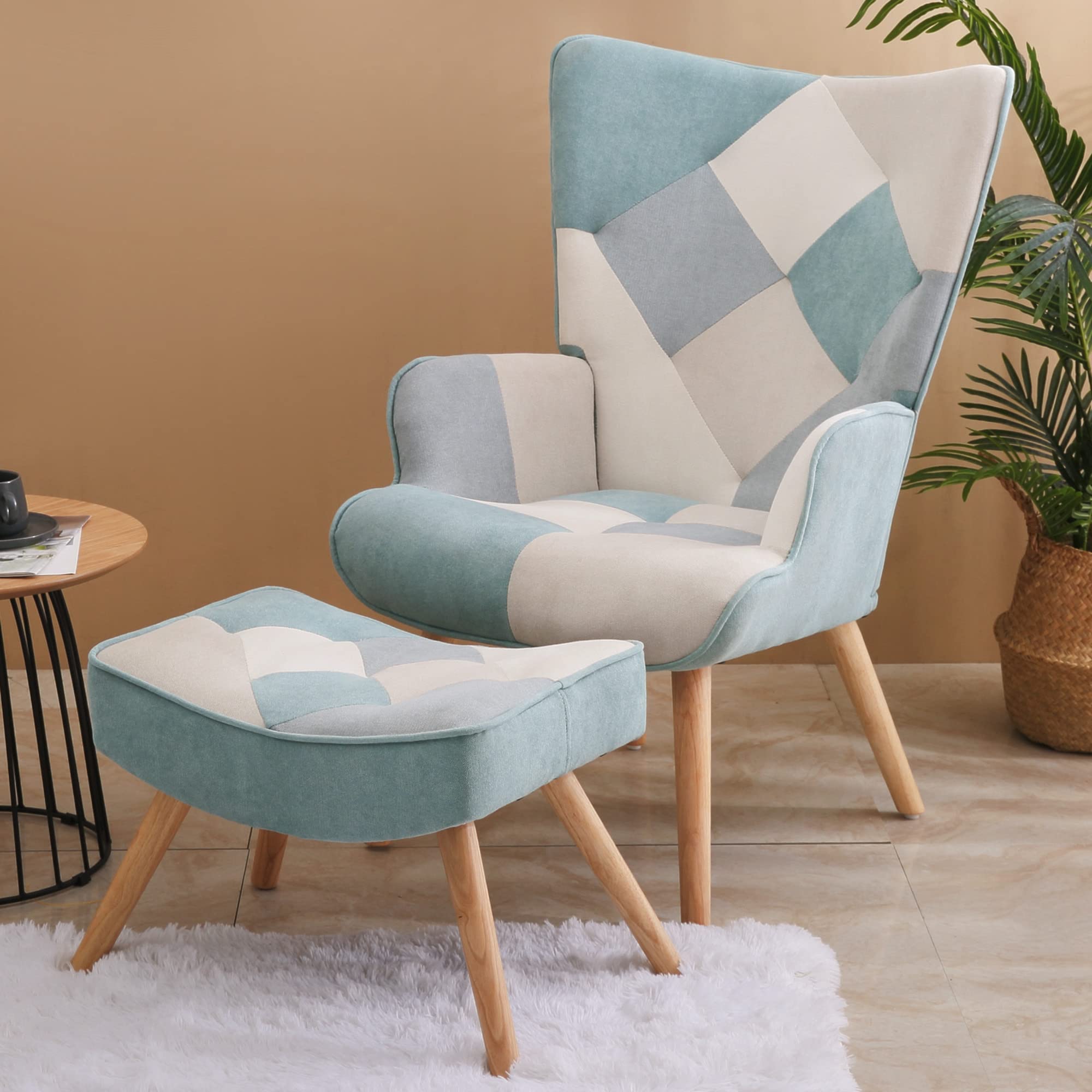 KGOPK Accent Chair with Ottoman, Living Room Chair and Ottoman Set,Comfy Side Armchair with High Back for Bedroom,Office(Patchwork Blue)