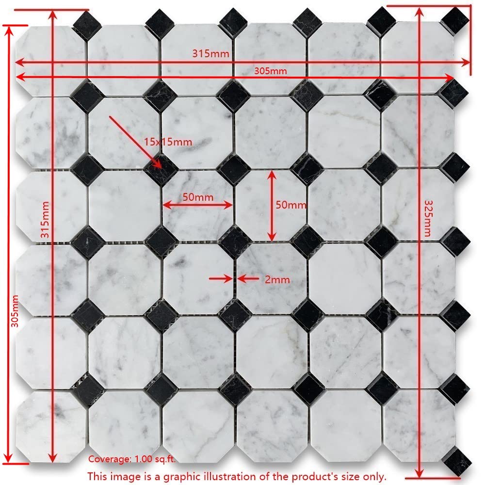 Stone Center Online Nero Marquina Black Marble 2 inch Octagon Mosaic Tile w/Thassos White Dots Honed Kitchen Bath Wall Floor Backsplash Shower (1 Sheet)