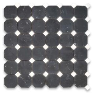 Stone Center Online Nero Marquina Black Marble 2 inch Octagon Mosaic Tile w/Thassos White Dots Honed Kitchen Bath Wall Floor Backsplash Shower (1 Sheet)