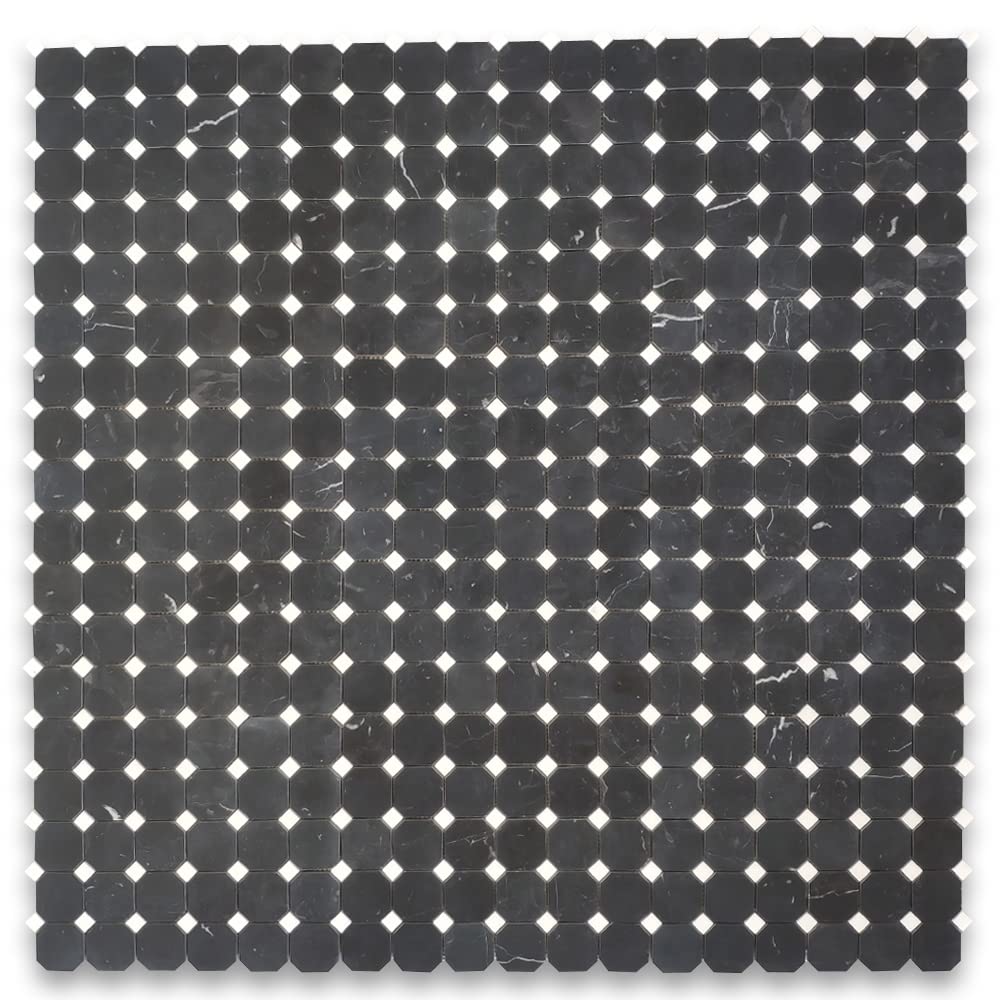 Stone Center Online Nero Marquina Black Marble 2 inch Octagon Mosaic Tile w/Thassos White Dots Honed Kitchen Bath Wall Floor Backsplash Shower (1 Sheet)