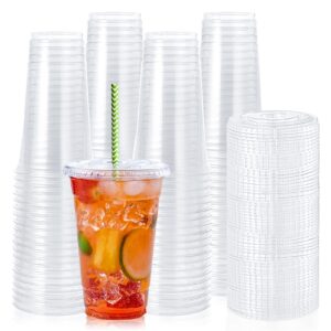 lilymicky [90 sets] 20oz clear plastic cups with flat lids, disposable drinking cups, 20 oz plastic cups for ice coffee, smoothie, slurpee, or any cold drinks